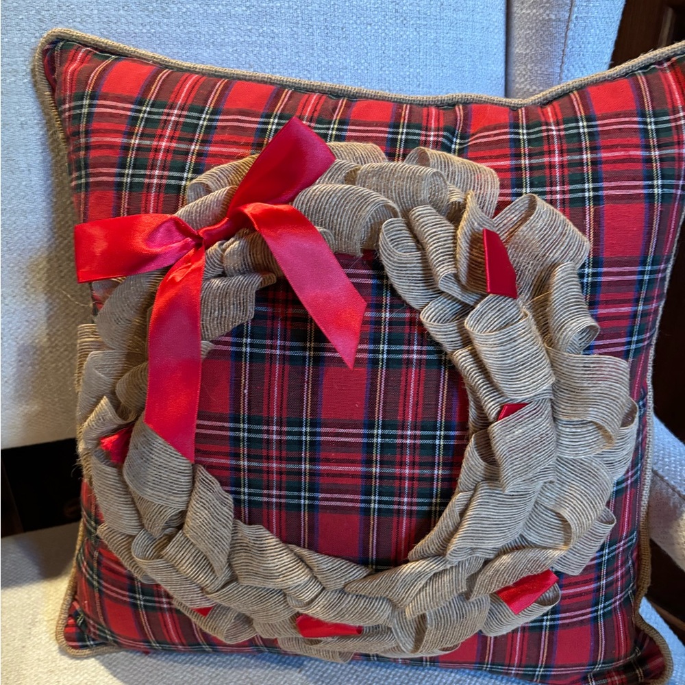 Tartan Plaid Christmas Pillow cover with Textured Burlap Wreath